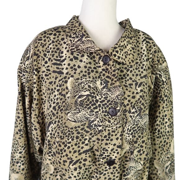 Vintage 80s Tan and Black Cheetah Print Satin Bomber Jacket - Picture 2 of 8